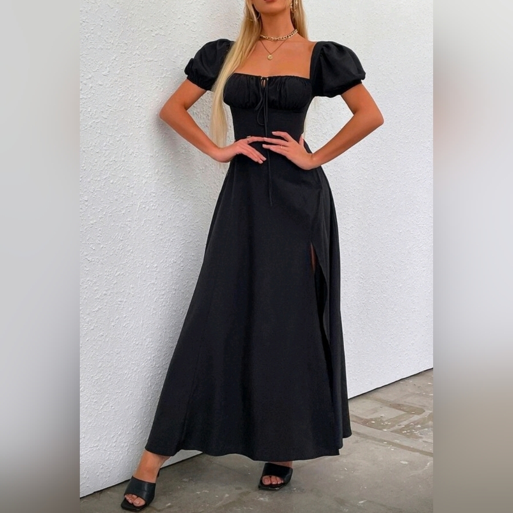 New Vintage Look Tie Ruched Top Split Maxi Dress Black